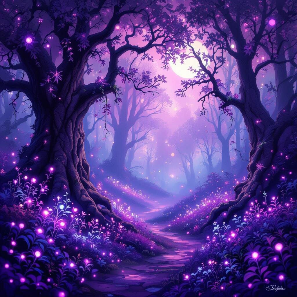 Enchanting Purple and Pink Forest with Glowing Plants