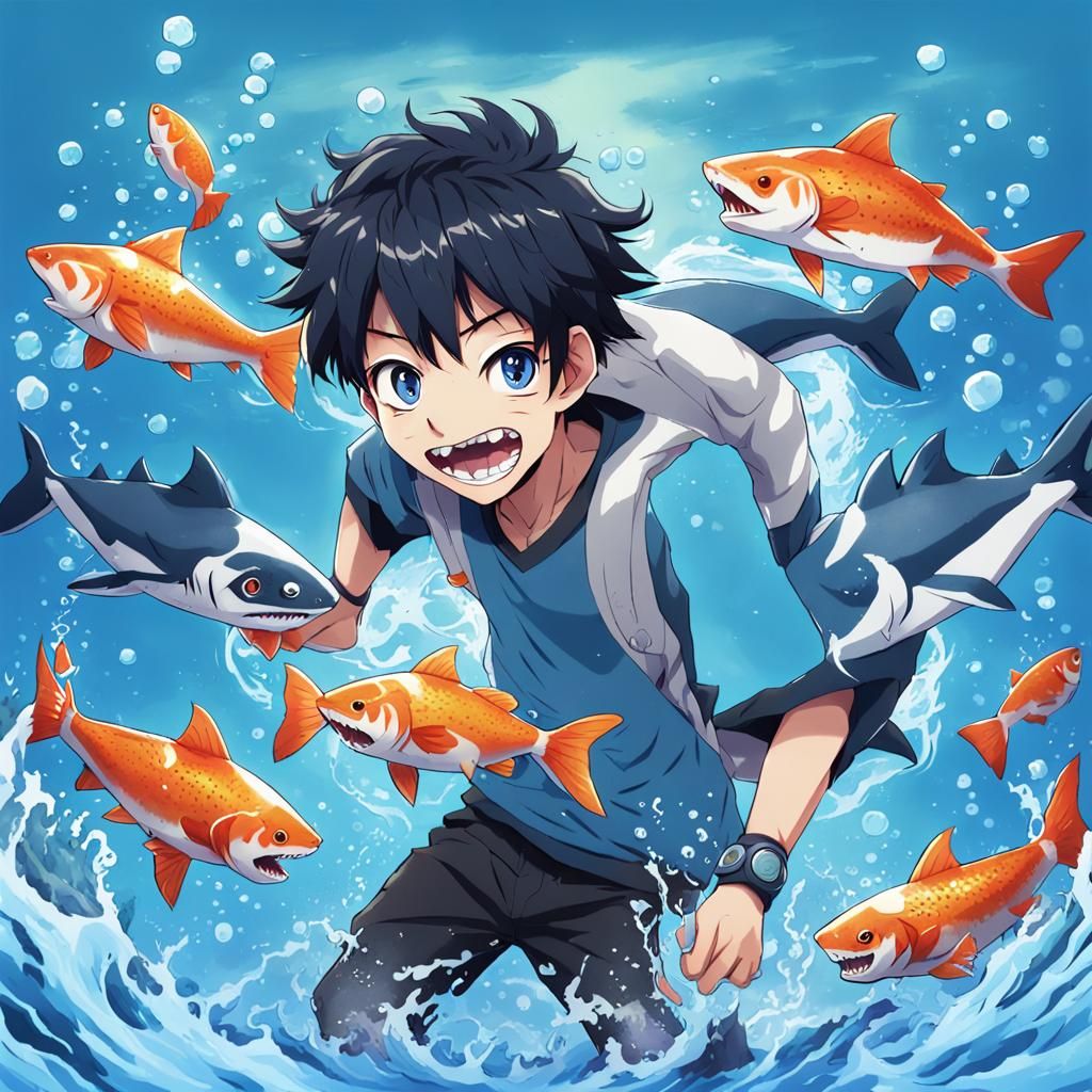 Half shark half human fishman student boy, with blue skin, b...