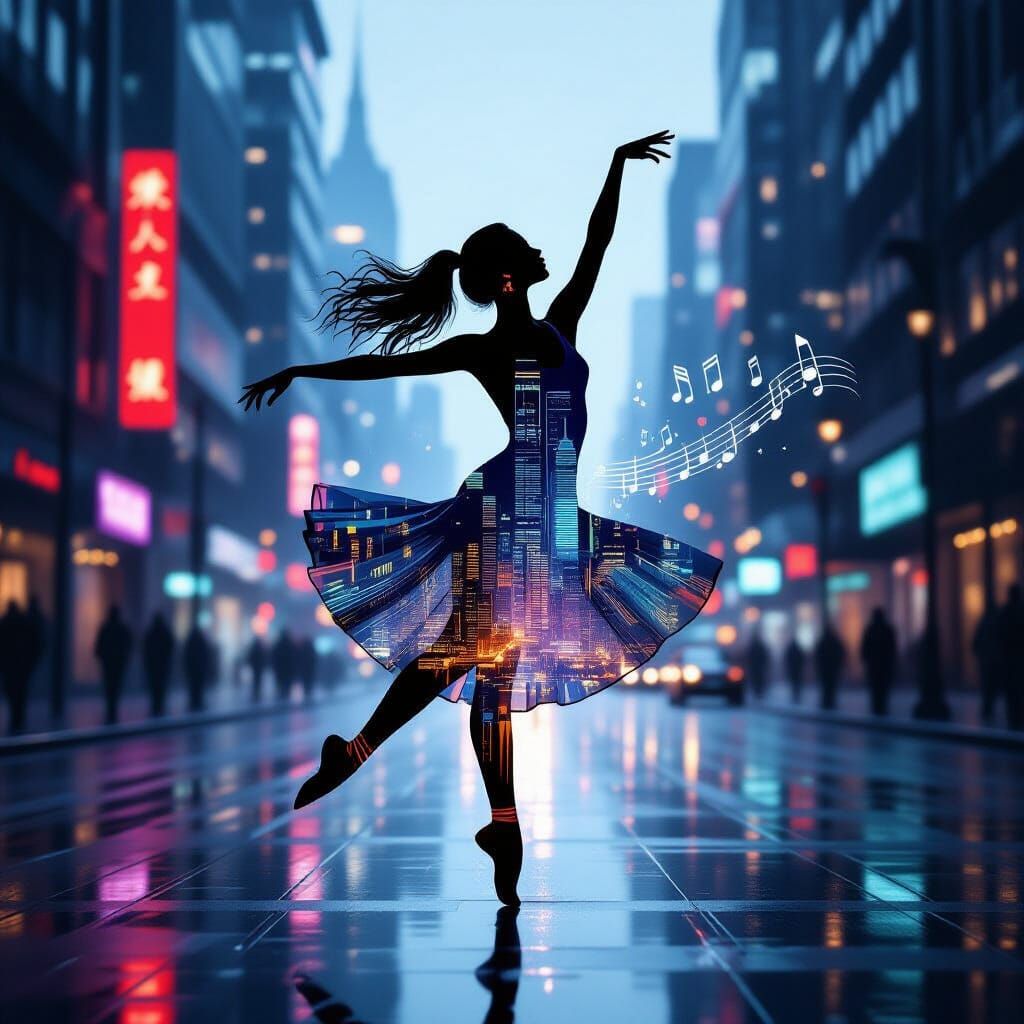 
"A stunning digital painting in the style of a double exposure silhouette. The main subject is a lone female dancer, captured mid-leap with...