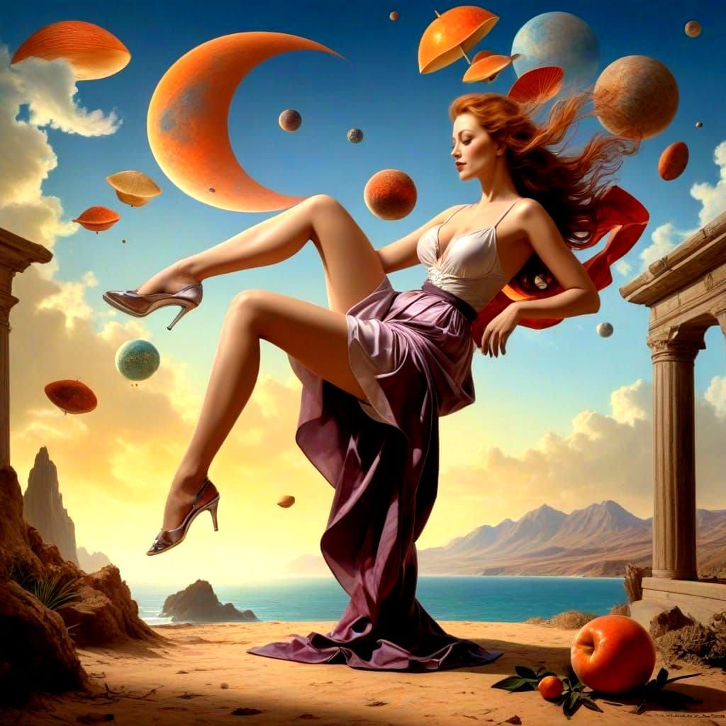 Eccentric Lady in Vibrant Surreal Landscape