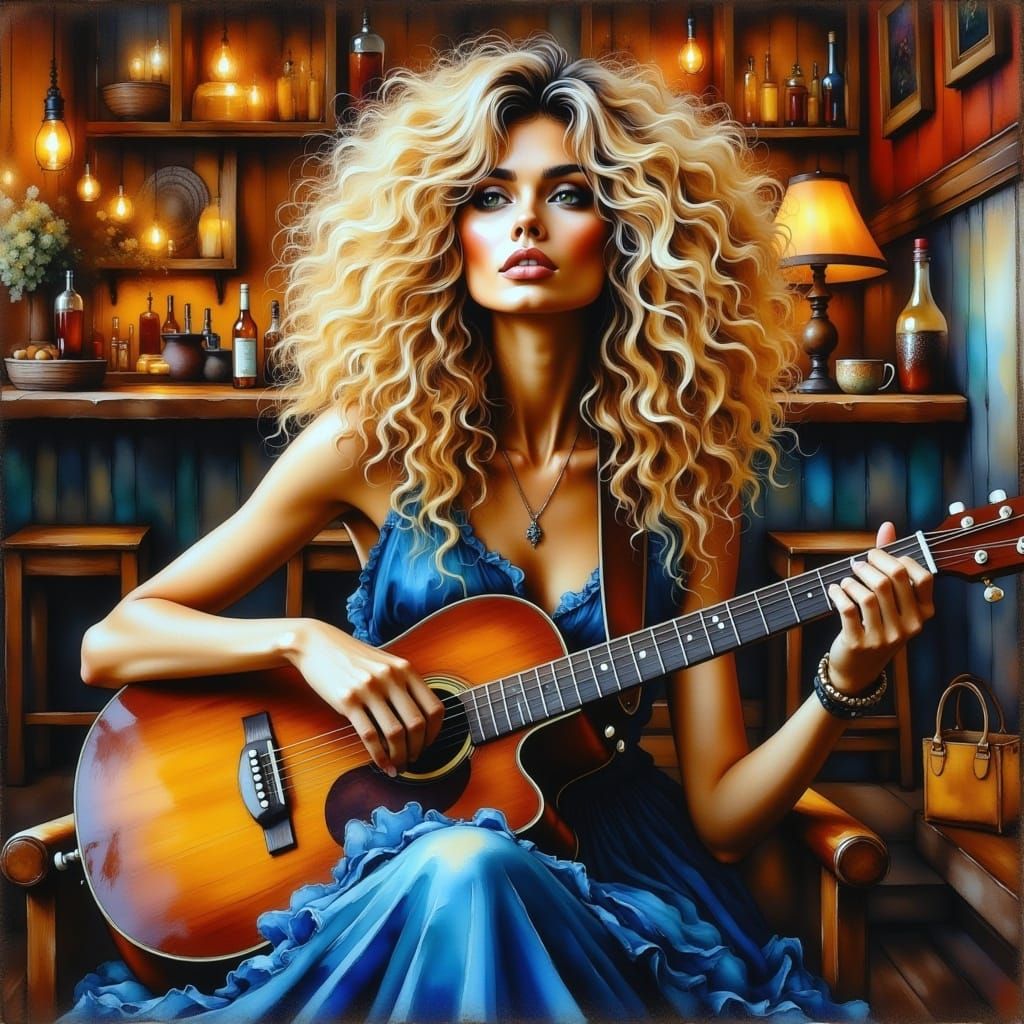 <lora:WatercolorPaintiFlux:1.0>  stunning woman, blond curly hair,, blue dress,, playing guitar, in the bar"
