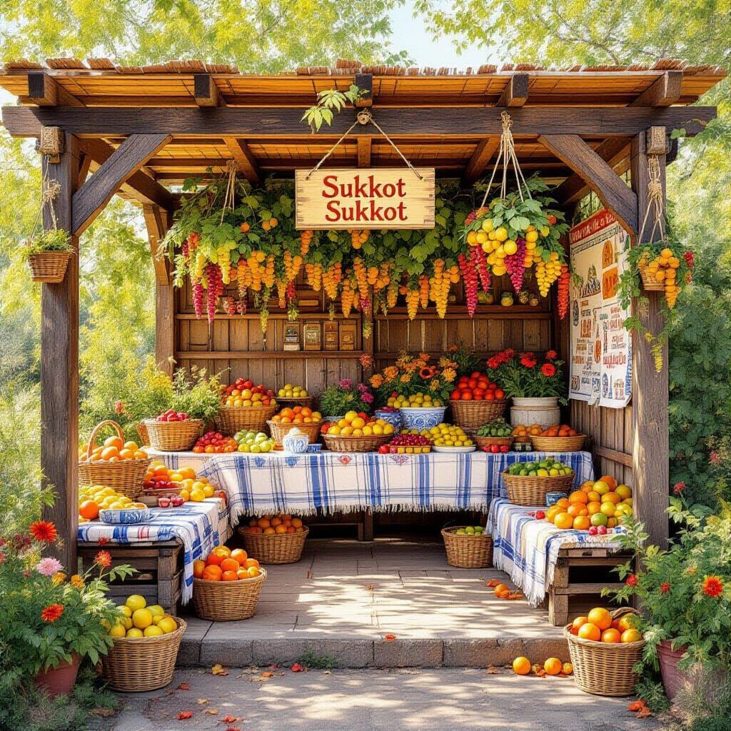 Joyful Sukkot Sukkah with Harvest and Hand-Painted Signs