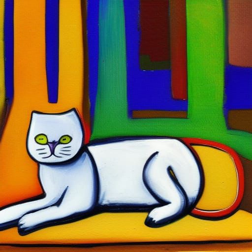 White cat sitting on a park bench
