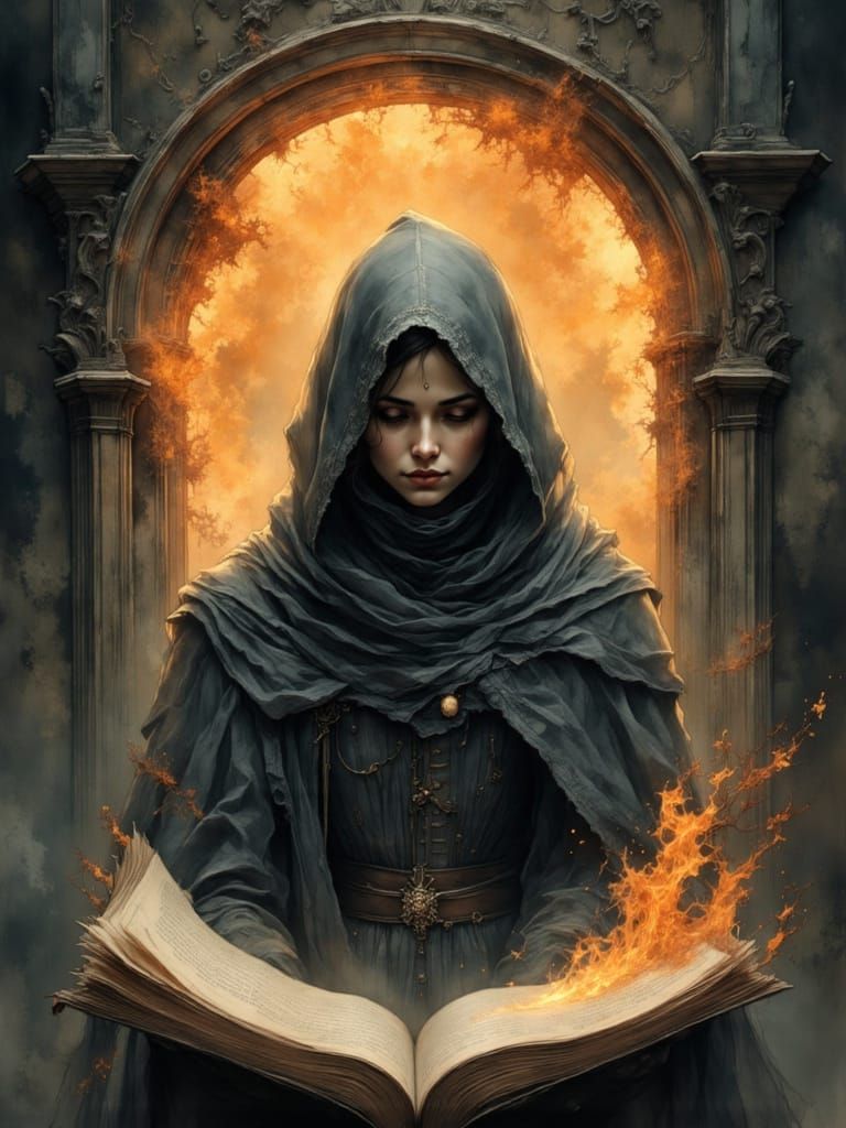 Mysterious Woman Amidst Burning Book Magic
