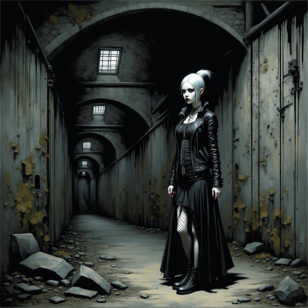 <lora:GPF:1.0> a young goth punk girl with intense eye makeup, fishnet wear, and a flowing black skirt, lost and isolated in a dimly lit, ee...