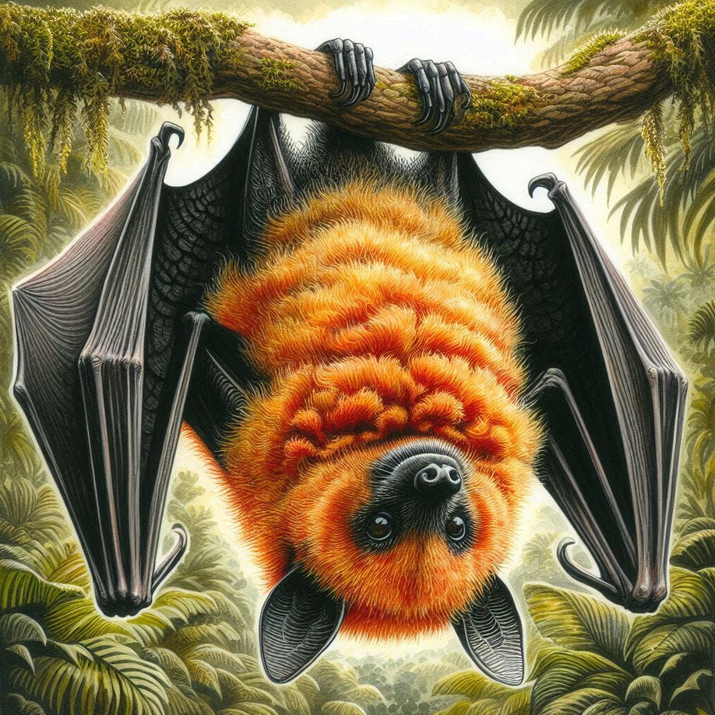 fluffy Bat hanging upside-down