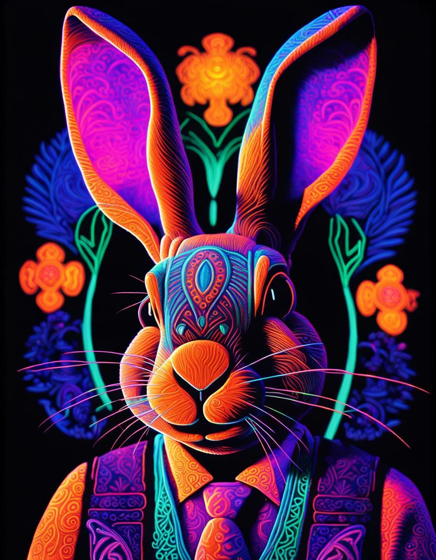 A black light portrait of an intricate folk art rabbit in waistcoat ...