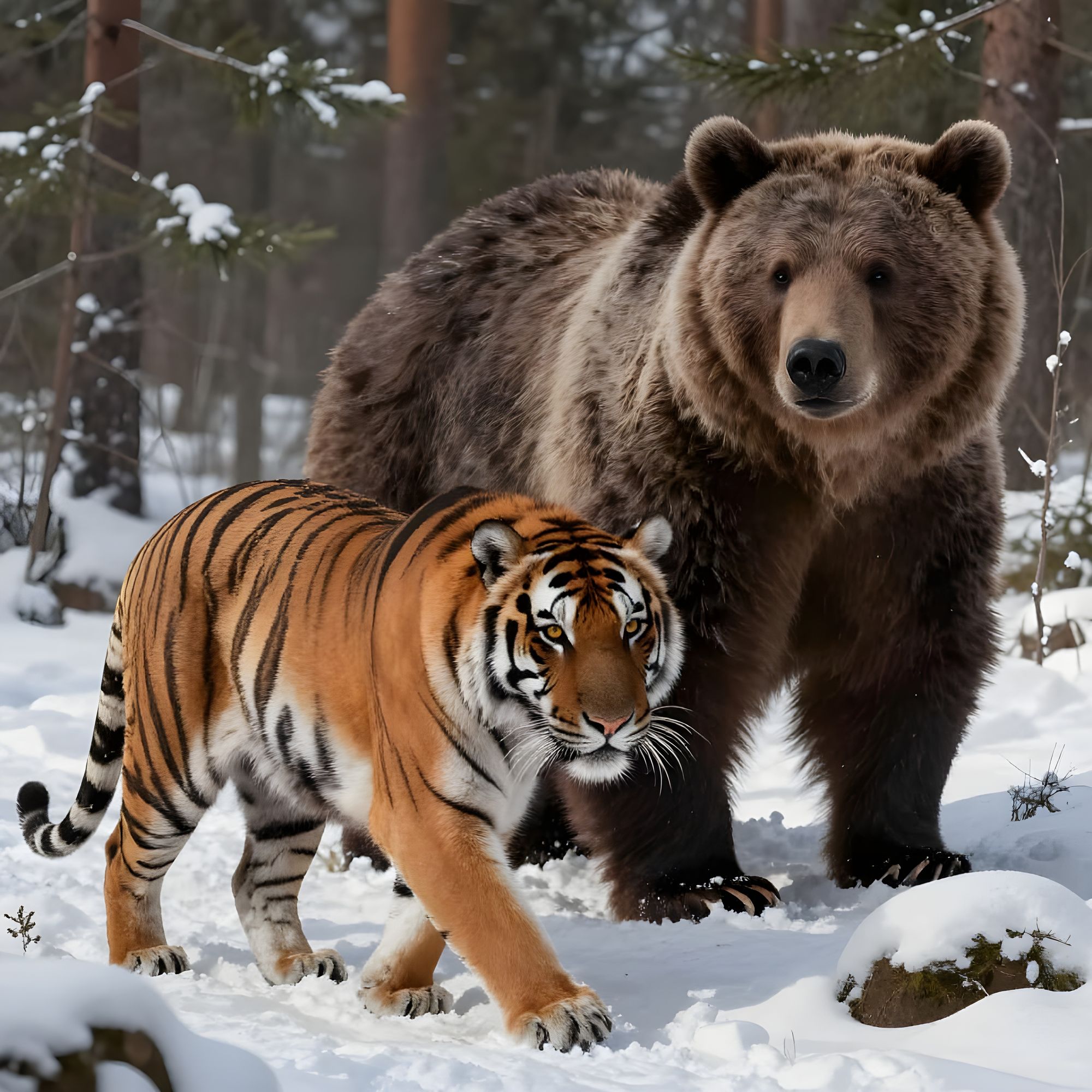 Un tigre asiatico cerca di dare la caccia a un orso russo; un mix  dell'anticipazione della tigre e della sicurezza dell'orso. : r/nightcafe, image size:2000x2000