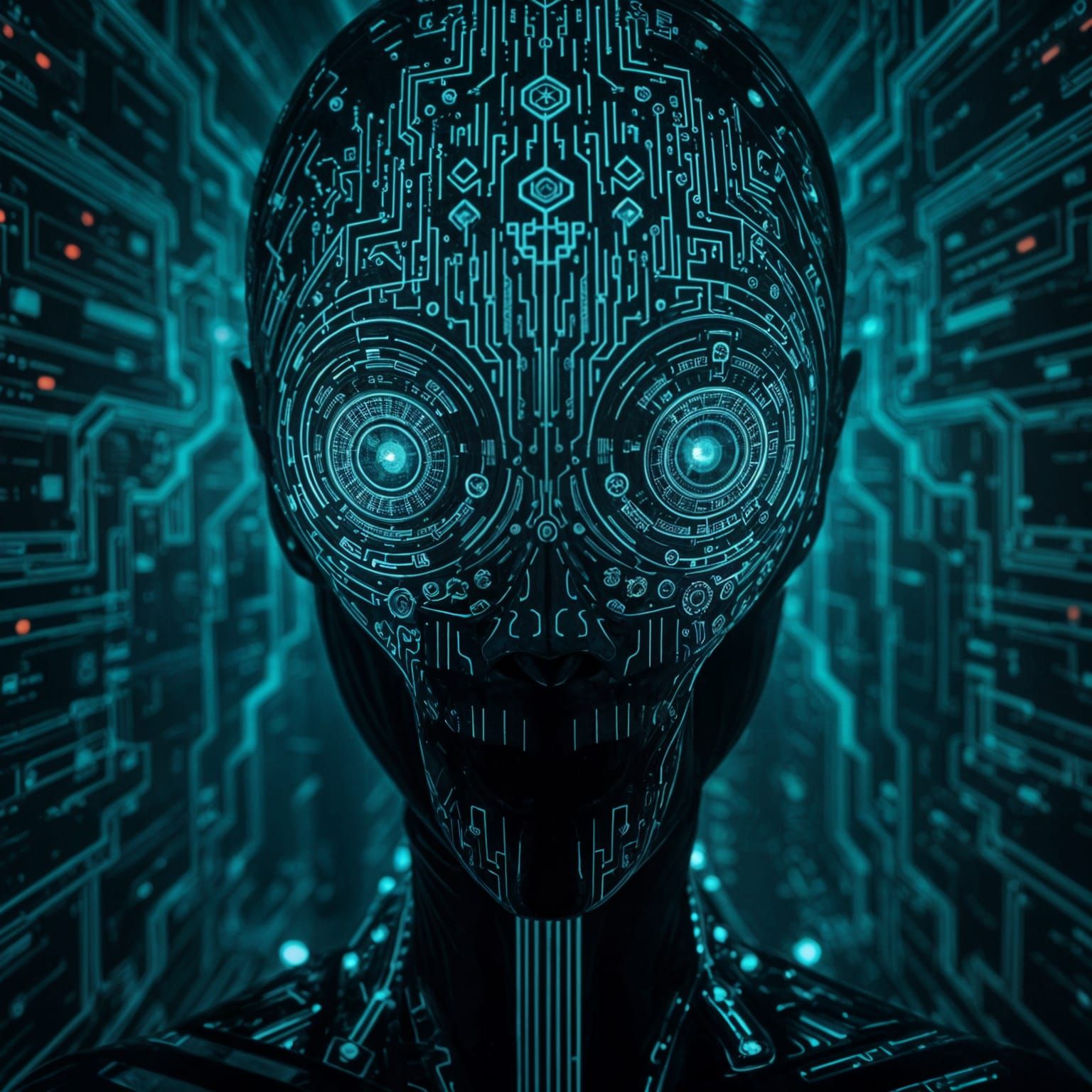 Mysterious and enigmatic. The devil within. Like the reflection of mirrors within each other. Infinite dread. black with intricate electroni...