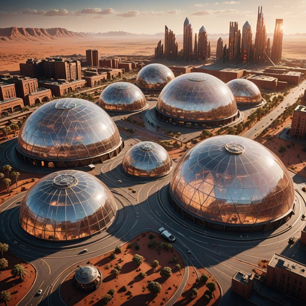 Mesmerizing realistic huge glass bio dome buildings on Mars, intricate paved road to the city, cinematic lighting 