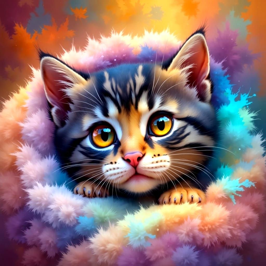 <lora:Colorful-Flux:1.0> A baby kitten, with big expressive eyes, laying up in a soft fluffy blanket.