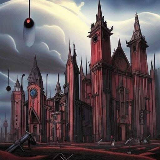 "Clocks in Dystopian City" by Tim Burton Studio Ghibli, Dark Fantasy