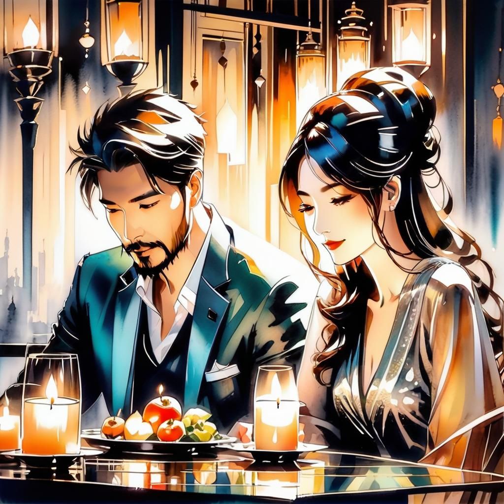  cute couple at a cosy dinner for two with candle light in a small restaurant  by @Joris