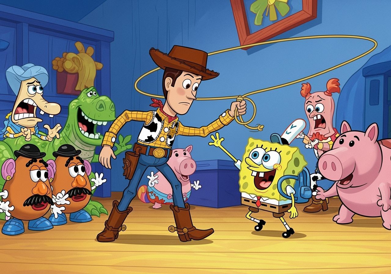 What If Andy Got SpongeBob Instead Of Buzz In Toy Story?, with Woody Fighting SpongeBob, & the Rest Of The Toys Trying To Help, Cartoon Styl...
