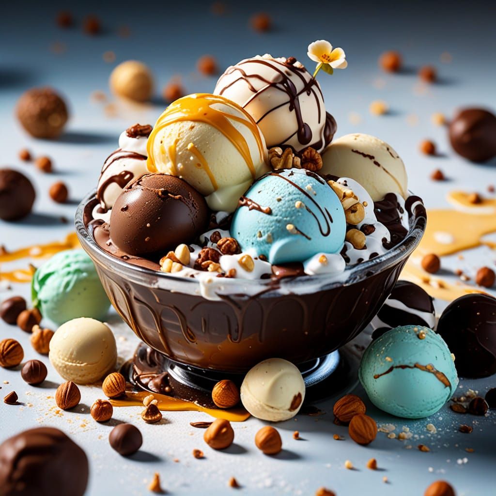 A colorful ice cream cup with hazelnut, stracciatella and vanilla flavors, decorated with chocolate, ...  by @Granit9
