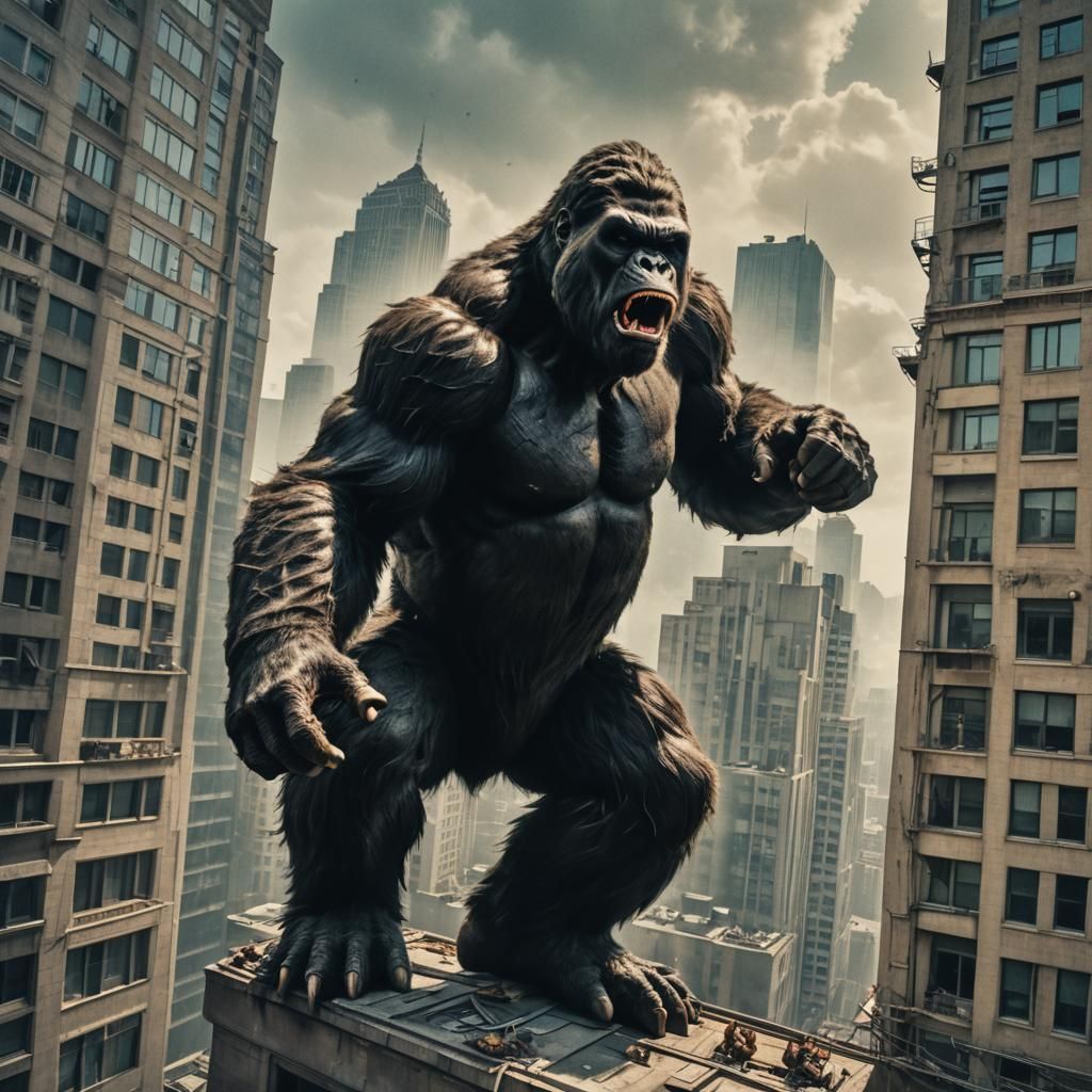king kong climbing a building, king kong is very angry