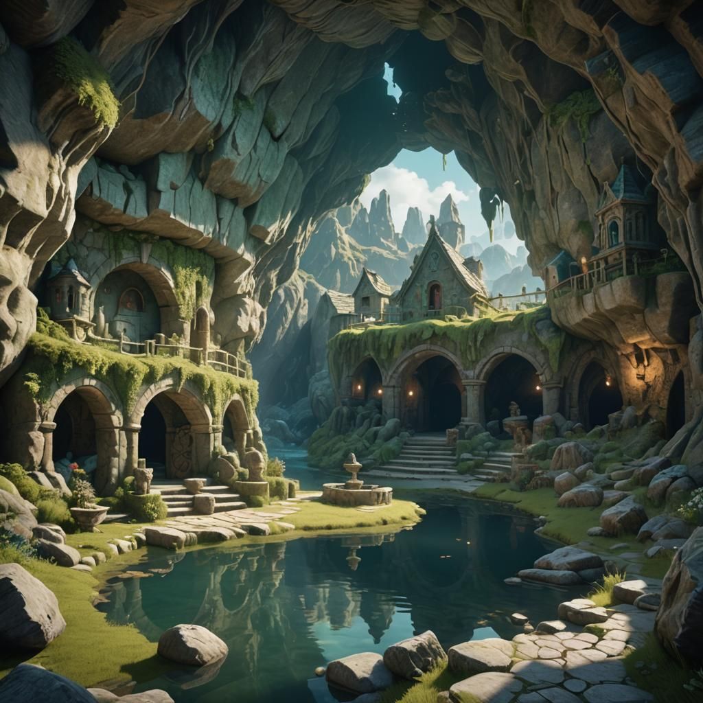 A round cave with on the middle a lake