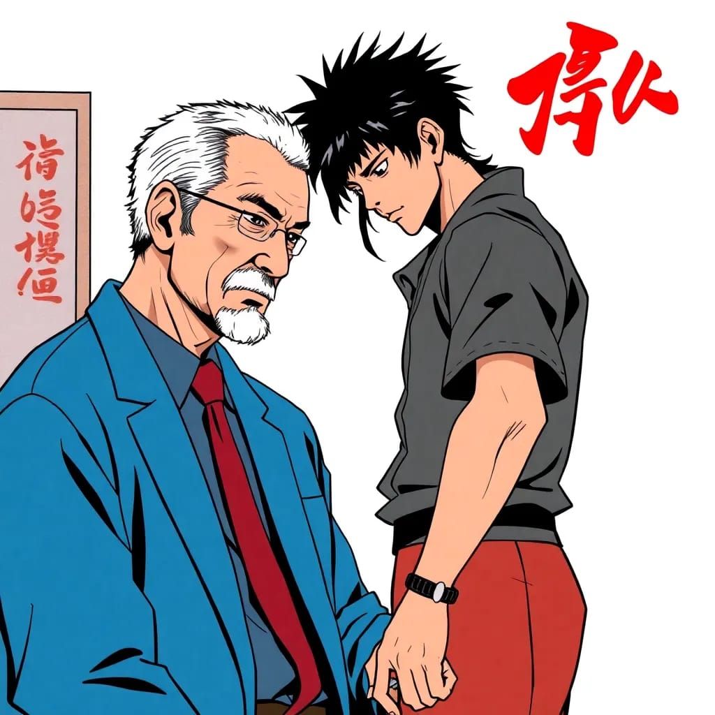 Akira with his dad at the art school he came to teach at