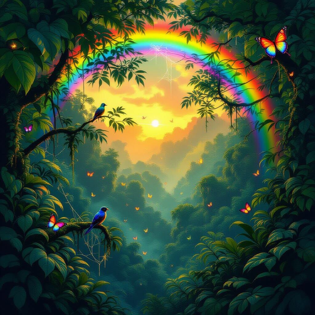 Mystical Jungle in Golden Twilight: Surreal Digital Art