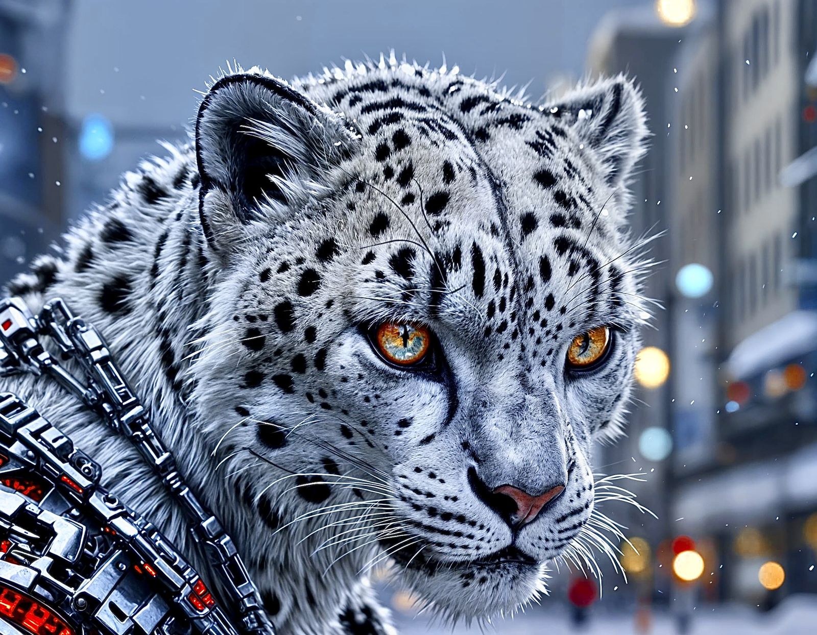 Snow leopard cyborg in the city