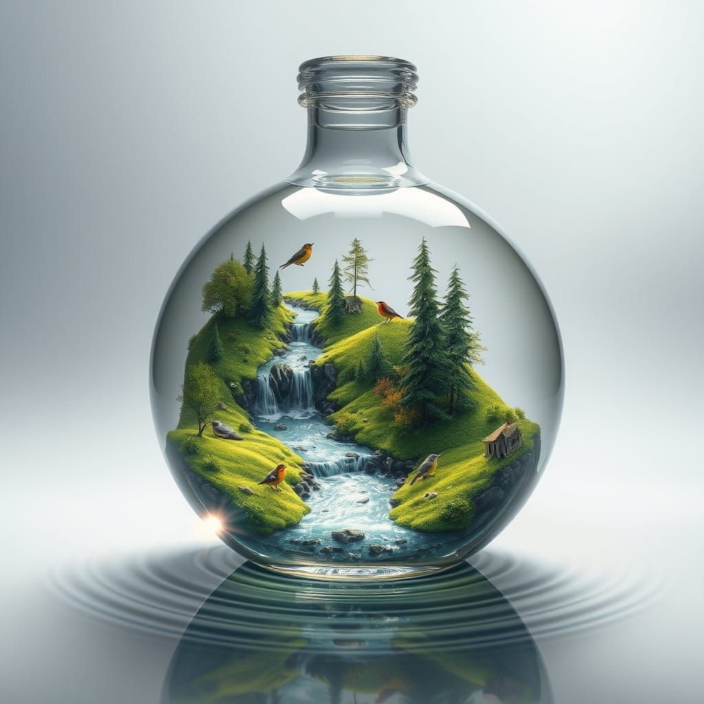 A photograph of a flawless, crystal-clear glass bottle perfectly centered in a studio setting. Inside ...  by @dglg