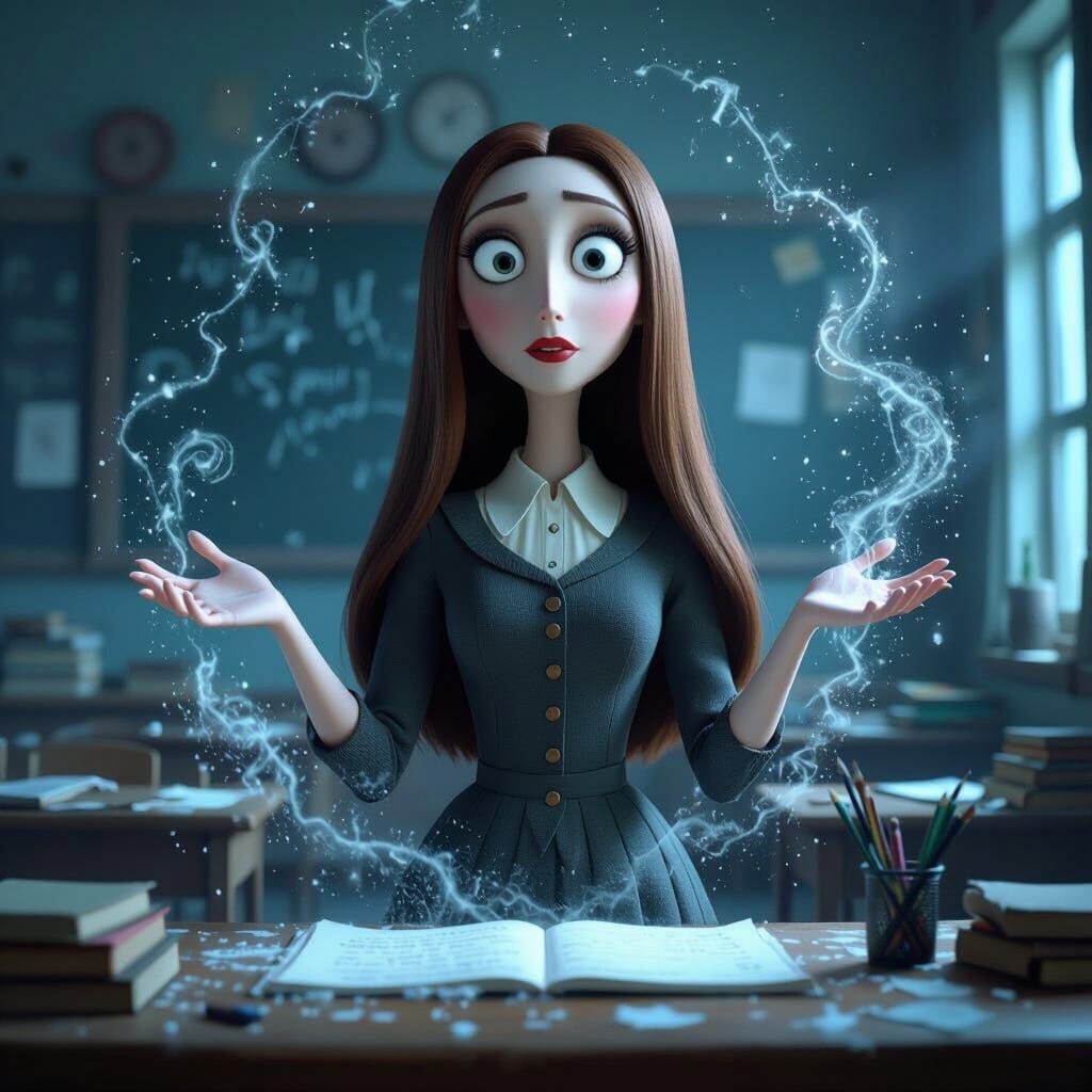 A Tim burton style 3D animation image of a teacher, medium figure, with long brown straight hair in a classroom setting with a rounder face 