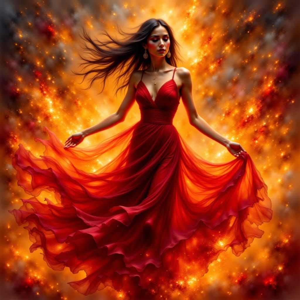  A woman in a red dress dancing amongst flames.  by @Suz