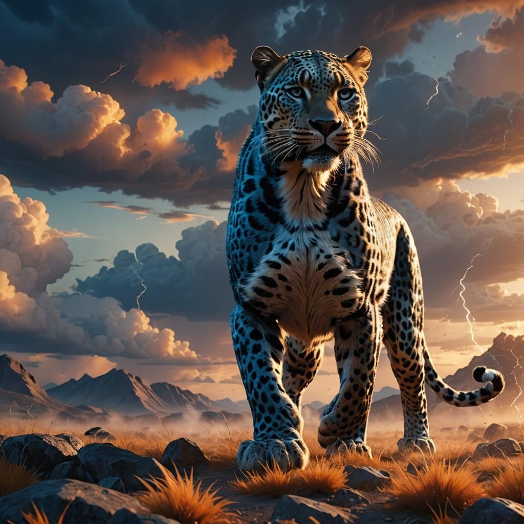 Enormous Cybernetic Leopard in Mystical Sunset