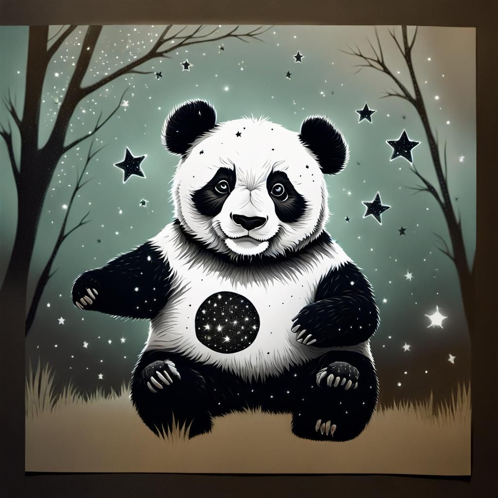 beautiful haunted panda covered in stars appearing in a black and white movie, hyperdetailed charcoal drawing 