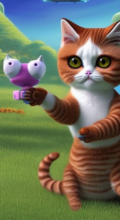 cute cat-robot pet on stargazing platform with rotating sphe...