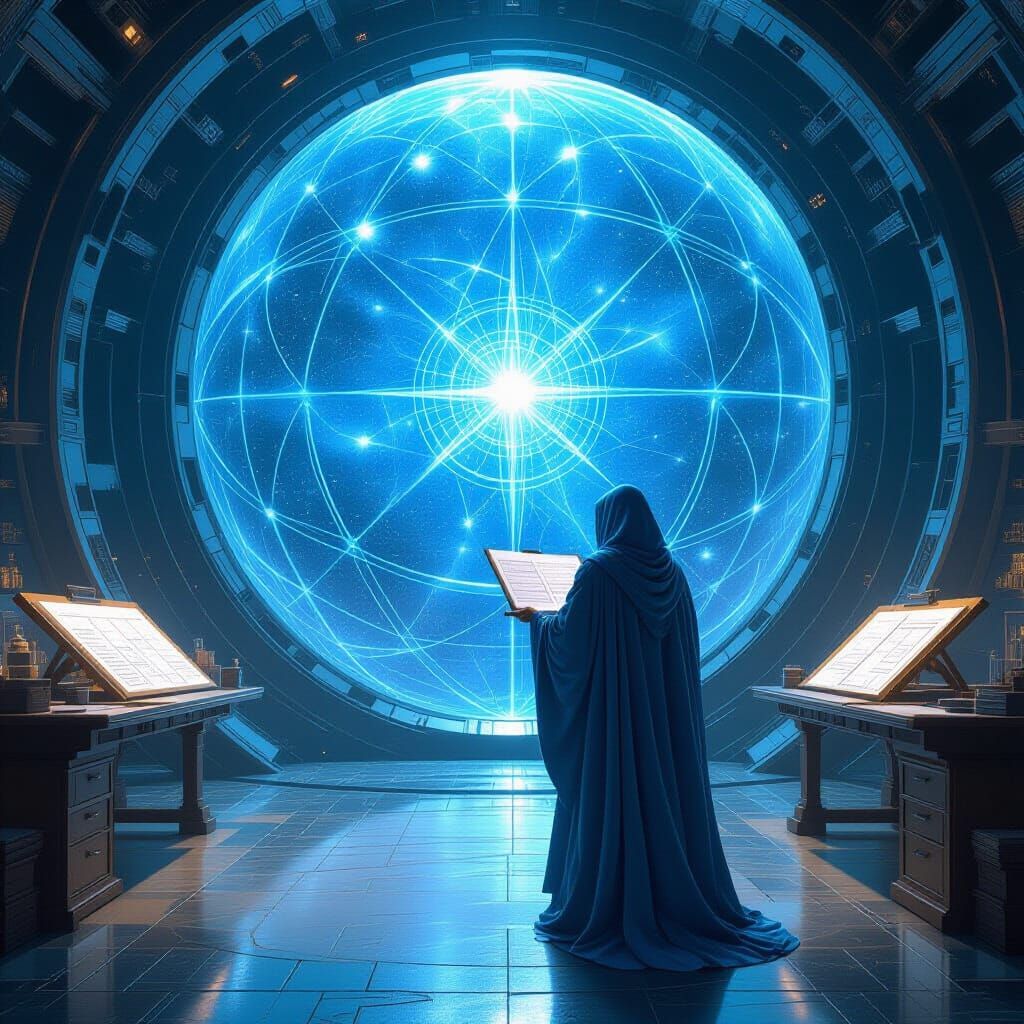 Imagine a celestial architect designing the blueprints for a Dyson sphere in a hidden studio nestled within the heart of a nebula. The studi...