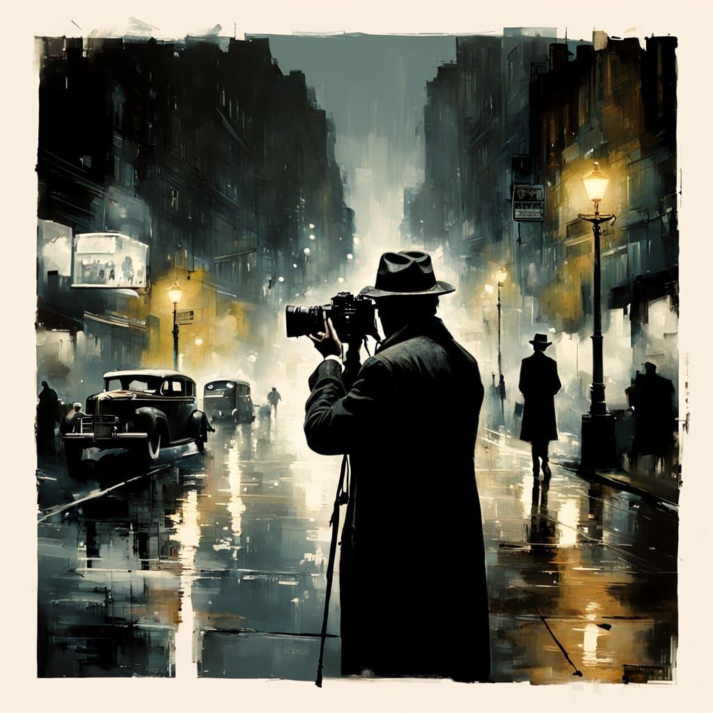Photographer with box camera taking photo of city street, film noir, moody, bustling, retro, urban grunge, ...  by @MrKitWalker