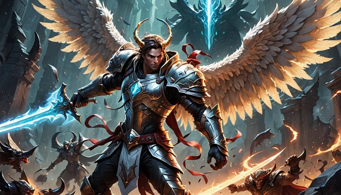 A dynamic angel warrior with wings majestic and beautiful fight a demon, with his huge enchanted sword ...  by @Adamka