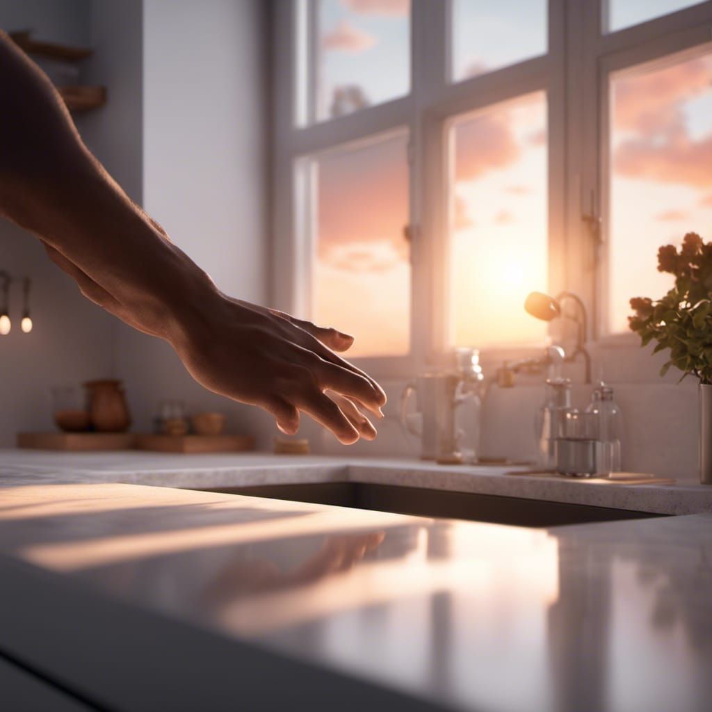 a hand caressing a white kitchen counter with a sunset in th...