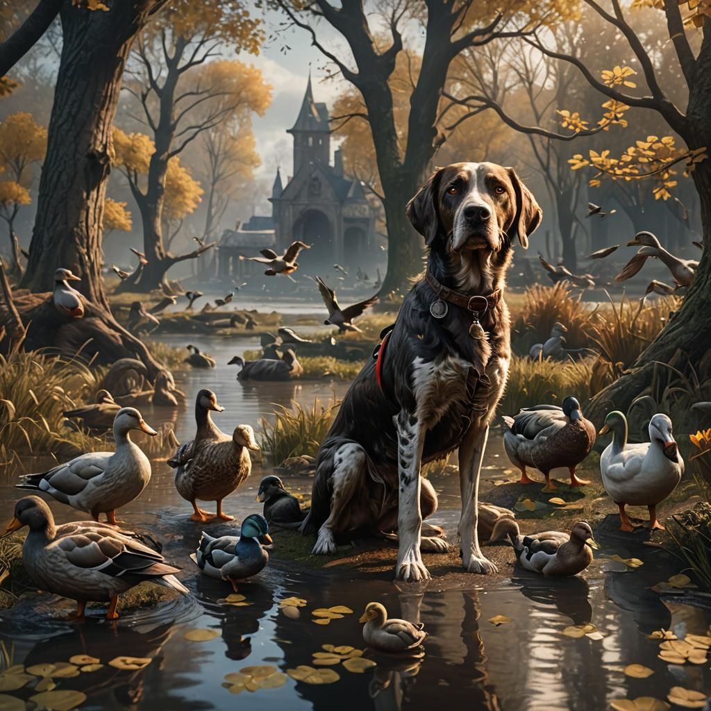 Hunting dog with ducks
