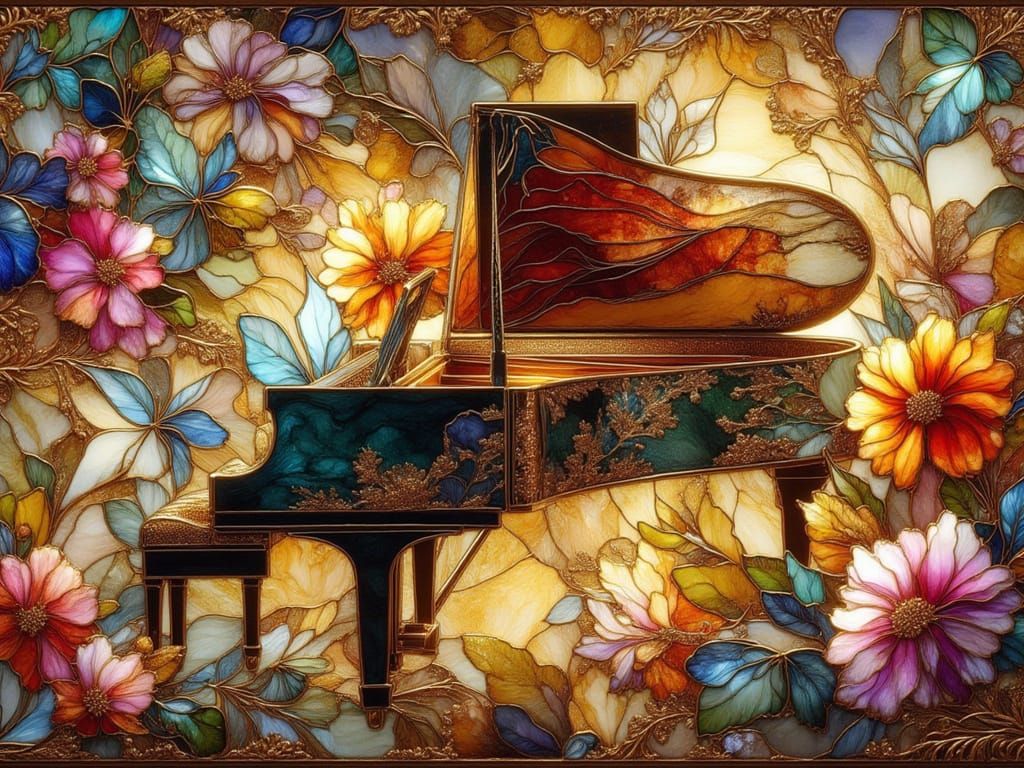 <lora:FiosGildedInk:1.0> Grand Piano with Flowers