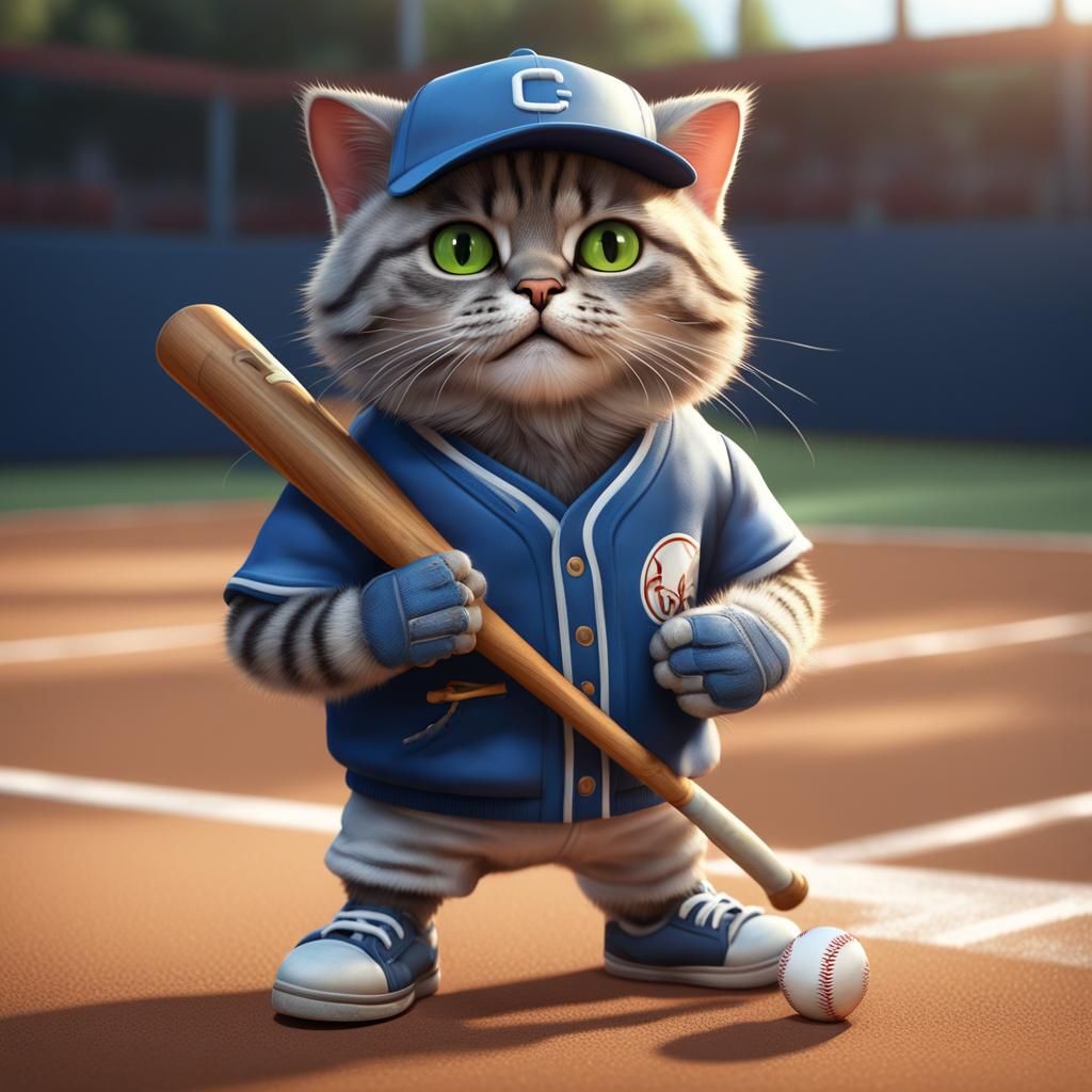 a cute cat on a bassball court holding a baseball bat in its...