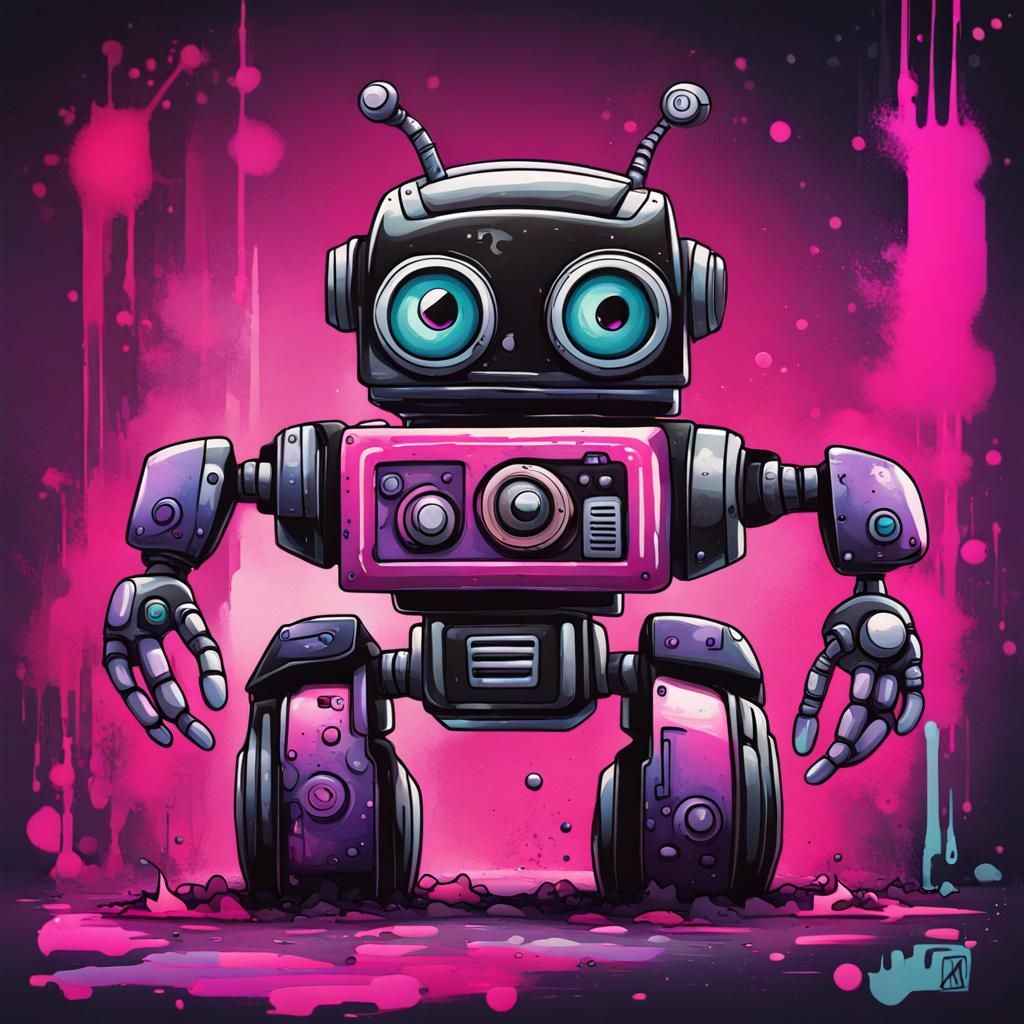 A cute, black,pink and purple futuristic robot. It has two b...
