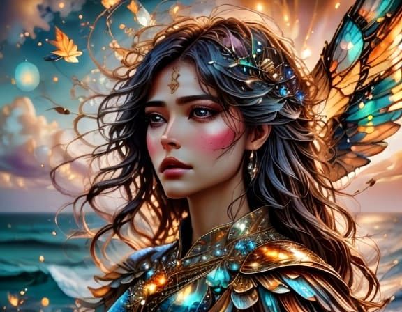 Surreal Beach Scene with Fantasy Elements