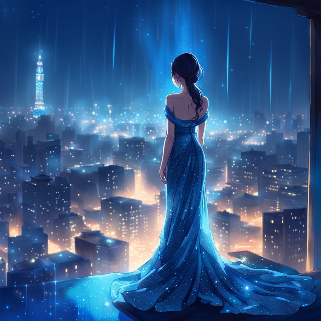 A woman looking out over a city at night  by @lokicheddar