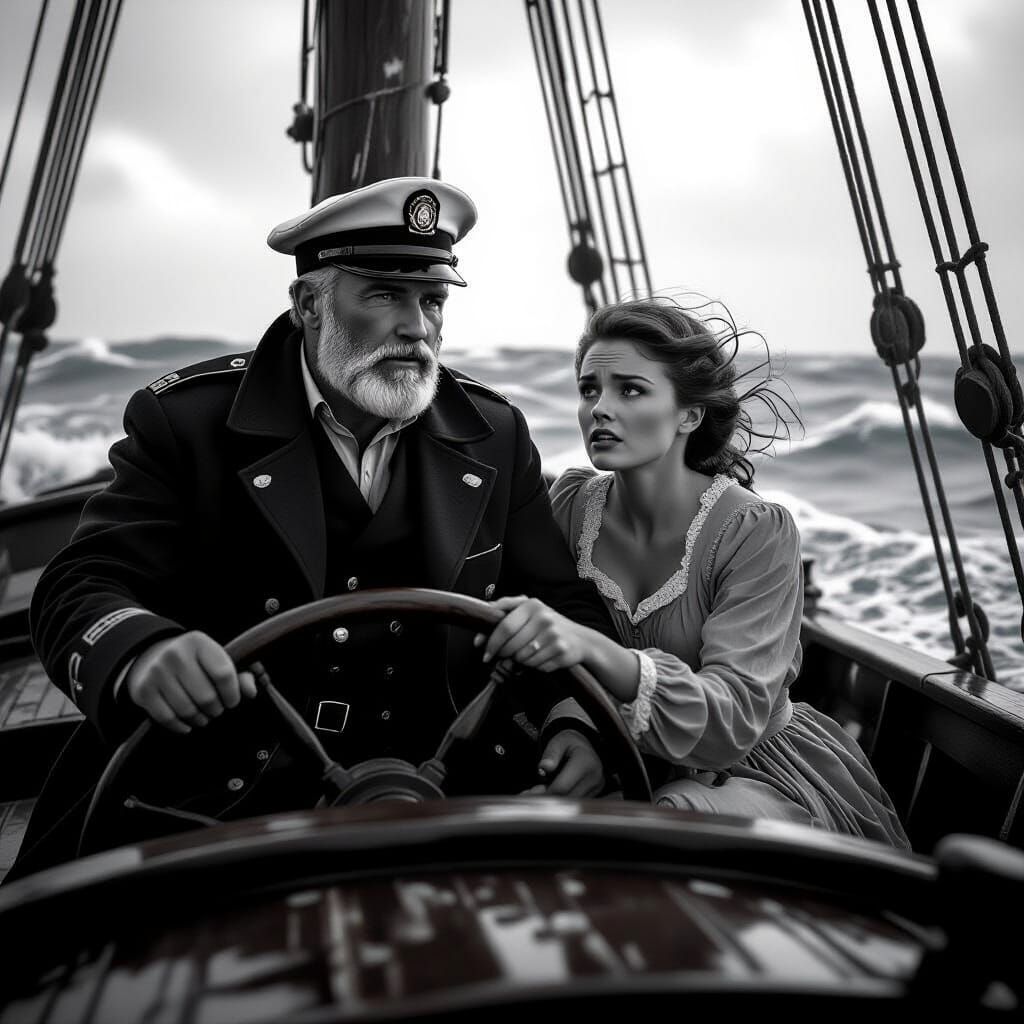 A grainy film style black and whitepicture of a captain navingating an older boat in stormy seas  with ...  by @alexsandria