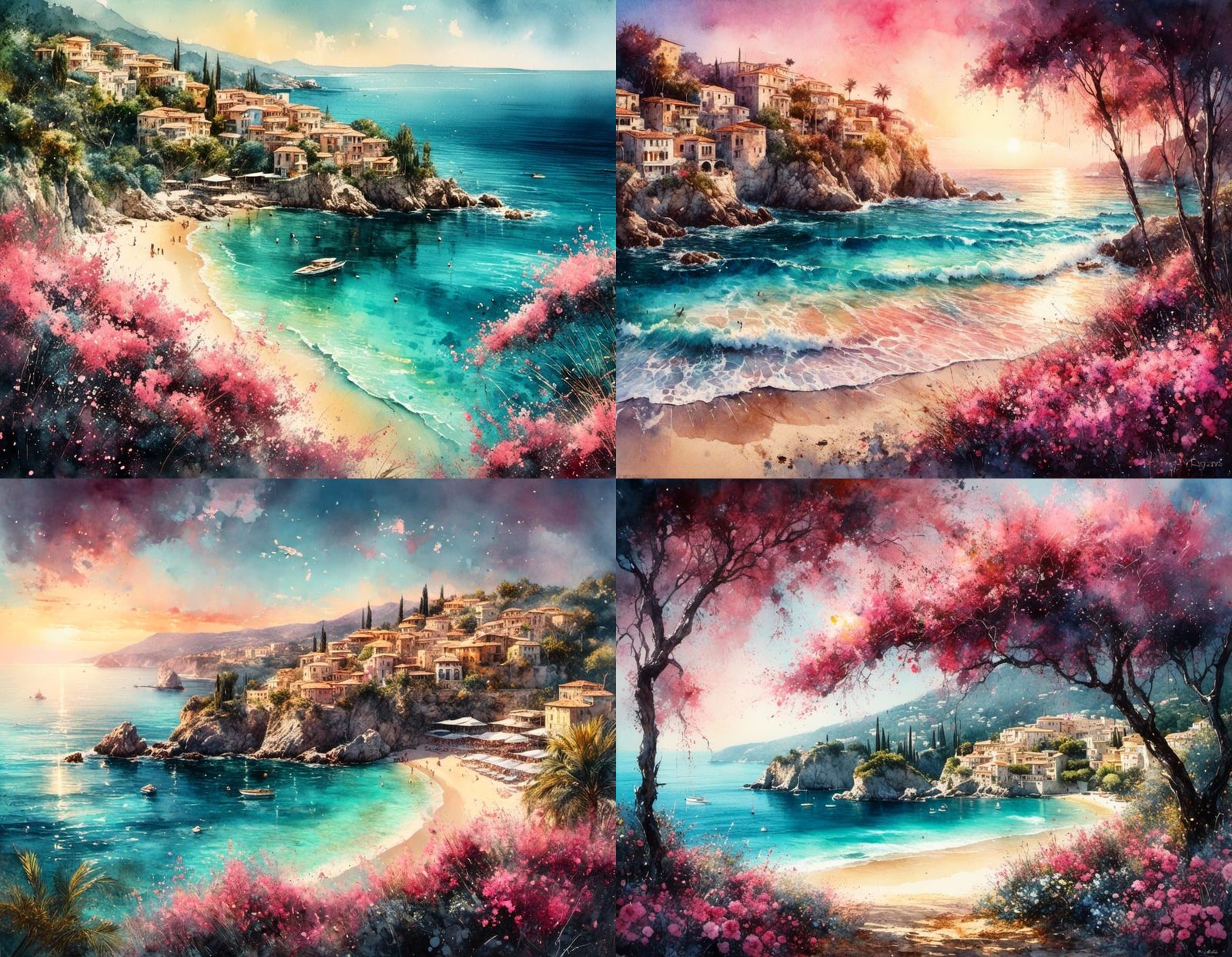 "Watercolor painting of sunny morning Mediterranean beach overview summer trees" wet_wash <lora:MisanthropyMix:1.0>water...