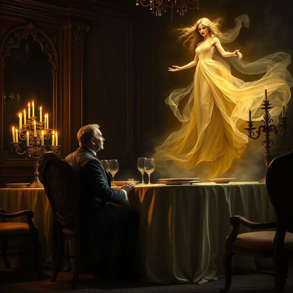 A moody, Baroque-style oil painting depicting a dimly lit dinner table,where a man having a meal looks at an golden ethereal emanation of ec...