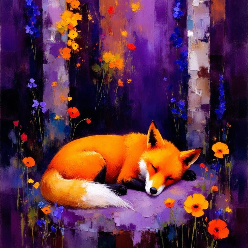 An orange fox in a purple nighttime forest  by @axelb