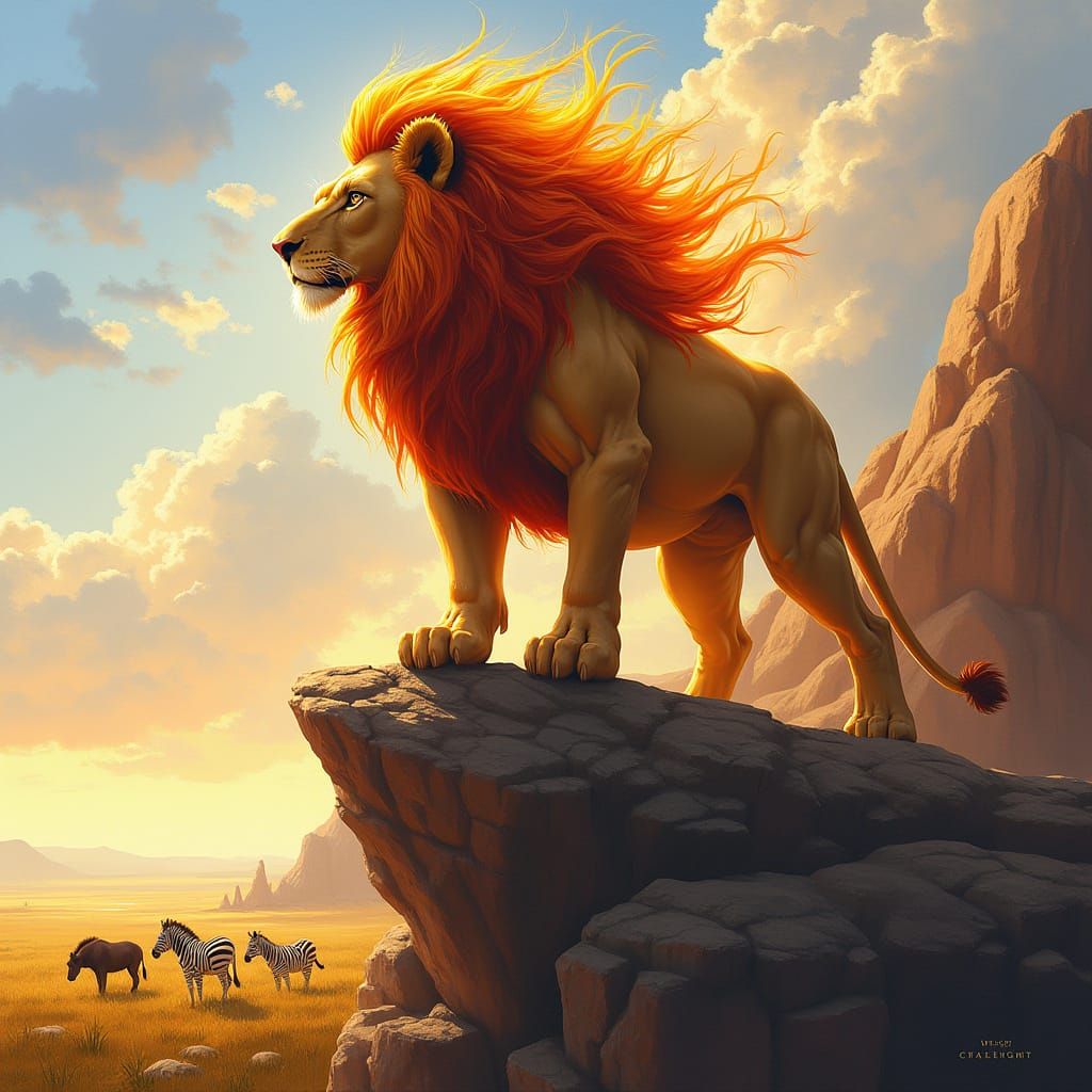 Proud Lion Dominates Sunlit Savanna in Vibrant Digital Paint...