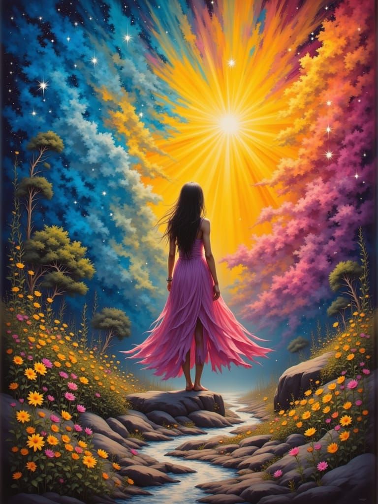 Happiness in Color spray of woman joy on lands of yellow Star grace <lora:PsyChic:1.0>
