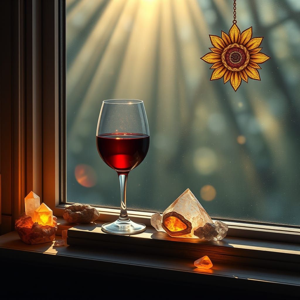 Hyperrealistic Wine Glass with Crystals and Runes