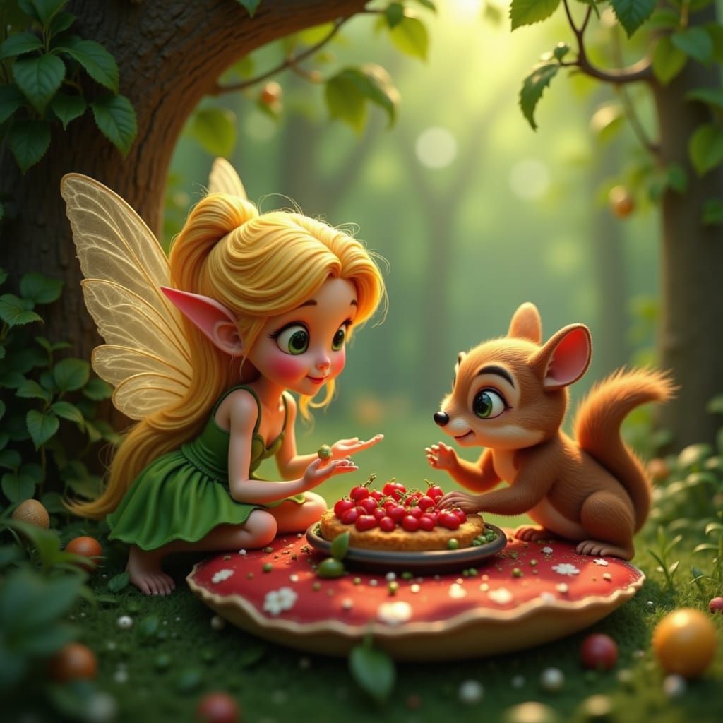 <lora:Lily Fairy Character:1.0>A fairy sharing a feast of berries with a chipmunk under a mushroom cap table — whimsical forest picnic. 3D C...