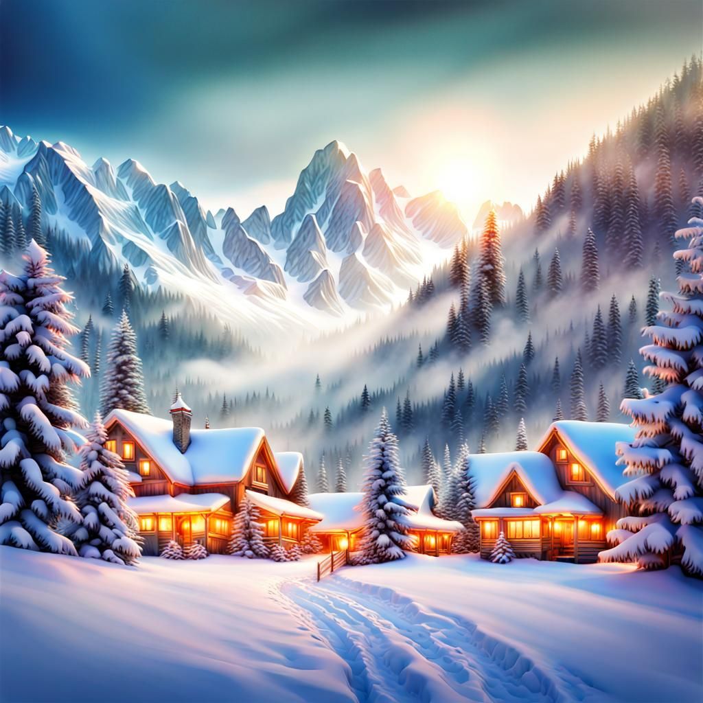 Double Exposure art of Christmas+Mountains+Snow, beautiful s...
