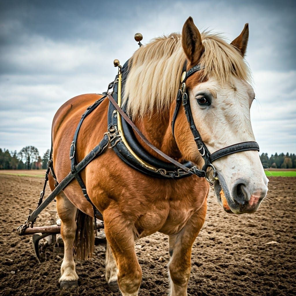 A heavy horse pulls a plow